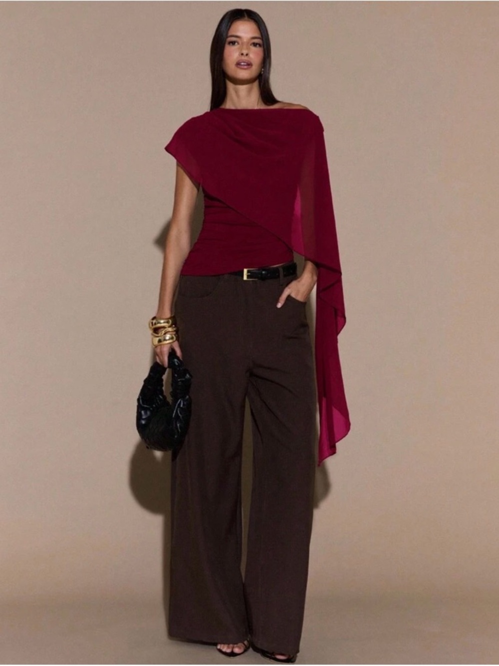 NEW W/ TAGS! Asymmetric One-Shoulder Top with Draped Overlay in Wine